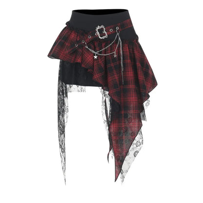 Cyber Punk Dark Gothic Skirt Women Streetwear Harajuku Irregular Patchwork Red Plaid Skirt Hotsweet Y2k Clubwear Skirt