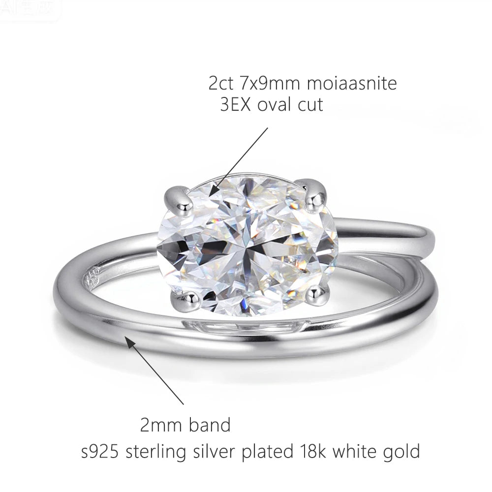 2ct Oval Cut Moissanite Rings for Women GRA Certified S925 Sterling Sliver Plated 18k White Gold Stackable Dainty Ring