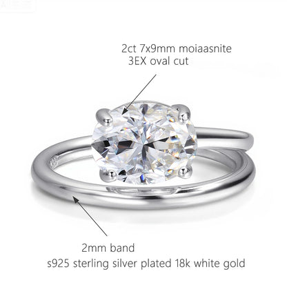 2ct Oval Cut Moissanite Rings for Women GRA Certified S925 Sterling Sliver Plated 18k White Gold Stackable Dainty Ring