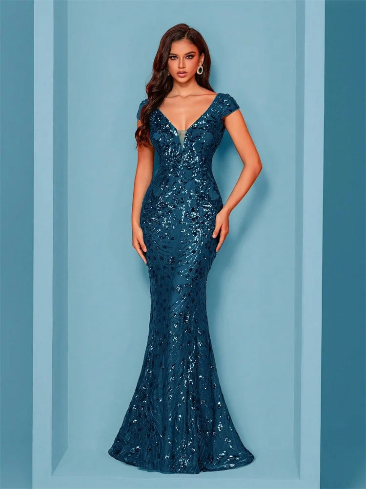 Elegant Champagne Evening Dress For Women Long 2024 Luxury Mermaid Formal Sequins Prom Wedding Party Cocktail Dresses