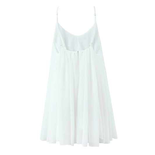 Women White  Big Backless Sling Dress O neck Back Zipper Loose Swing Mini Short Dresses Holiday Robe