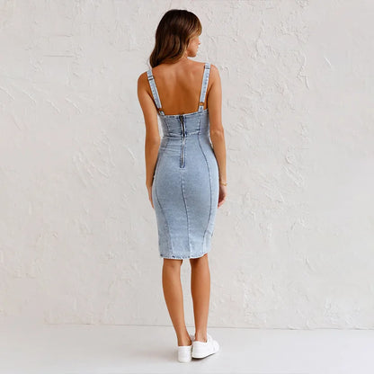 Summer New U Neck Halter Denim For Women's Dresses Fashion Slim Fit Wrap Hip Retro Female Party Sexy Split Denim Dresses