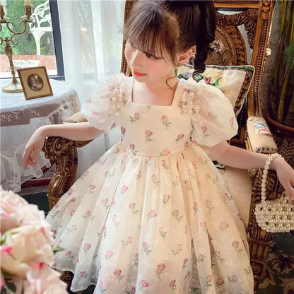 Summer Girls 1-8 Years Floral Roses Princess Dress Lace Tiered Bow Back Pearl Accented Knee-Length Party Birthday Celebration