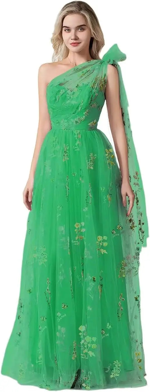 Vestido Longo de Formatura Feminino Elegante de Um Ombro Só com Bordado Floral em Tule, Modelo Godê para Festas de Gala
