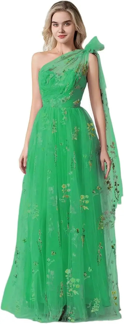 Vestido Longo de Formatura Feminino Elegante de Um Ombro Só com Bordado Floral em Tule, Modelo Godê para Festas de Gala