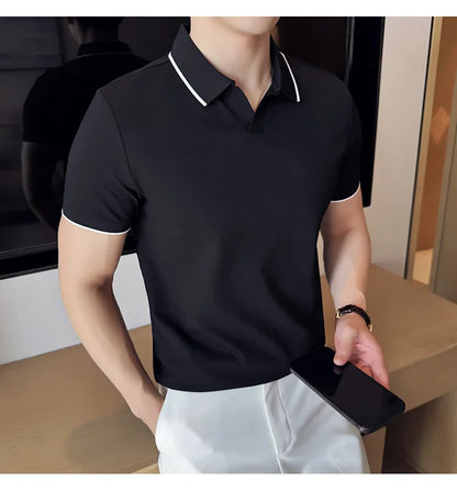 Business Casual Solid Color Men's Polo Shirt, 2024 Summer Classic, Men Short Sleeve V-neck T-shirt, Slim Fit Spliced Polo 4XL-M
