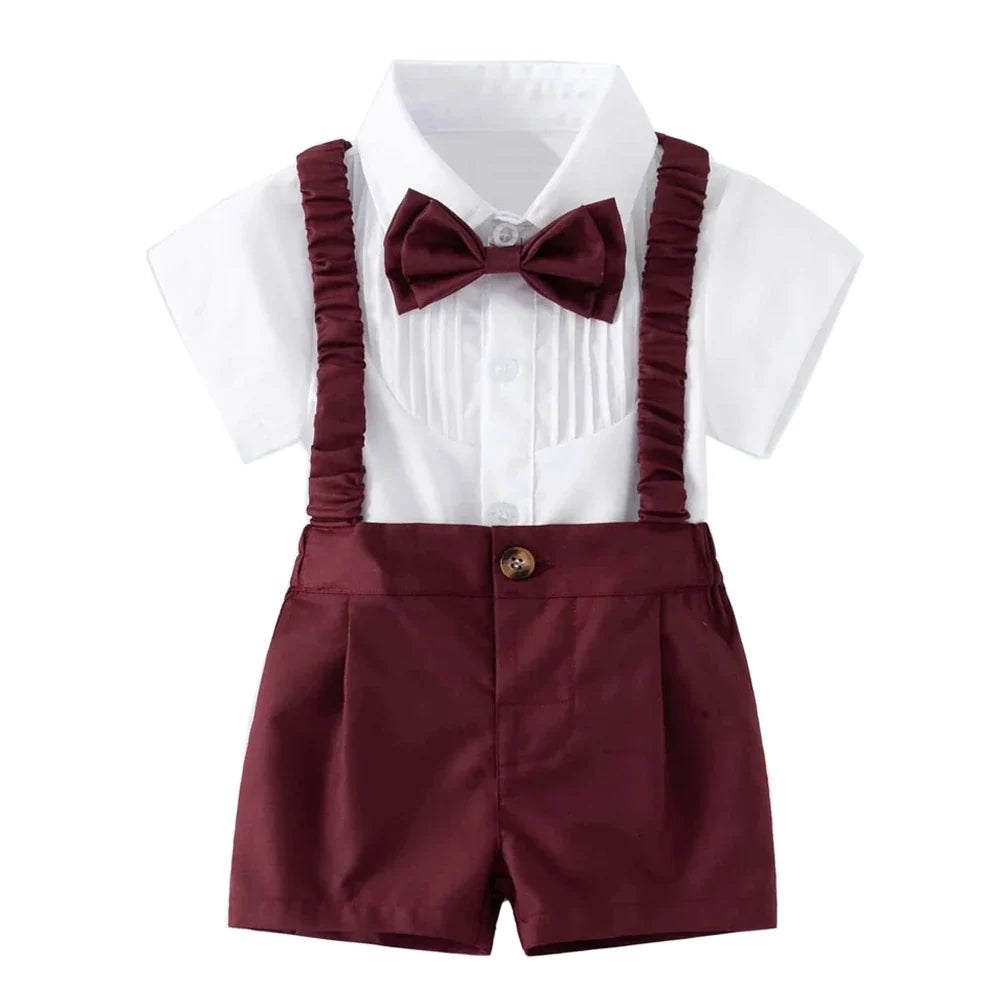 Summer Children's Clothing Short Sleeve Lapel Wrinkle Shirt with Solid Overalls Boy Gentleman Wedding Costume Cotton Kid Suit