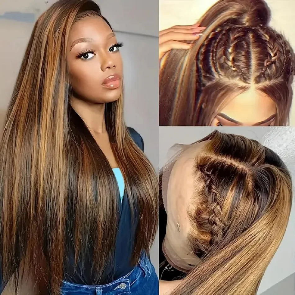 Highlight Straight Human Hair Wigs Brazilian Honey Brown Colored 13x4 Lace Front Wigs Preplucked 13X6 Lace Frontal Wigs