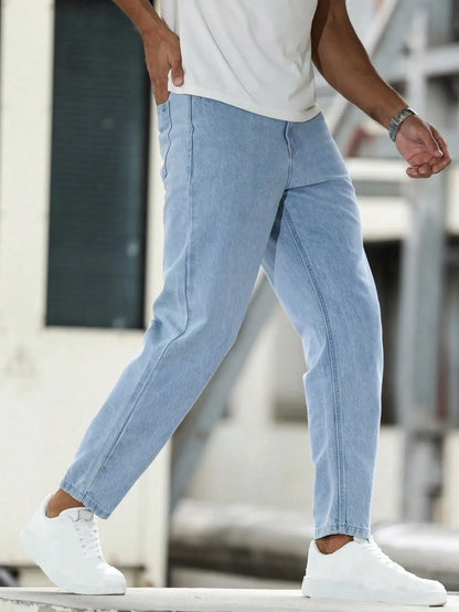 Solid color men's casual jeans, comfortable and breathable for a premium look.