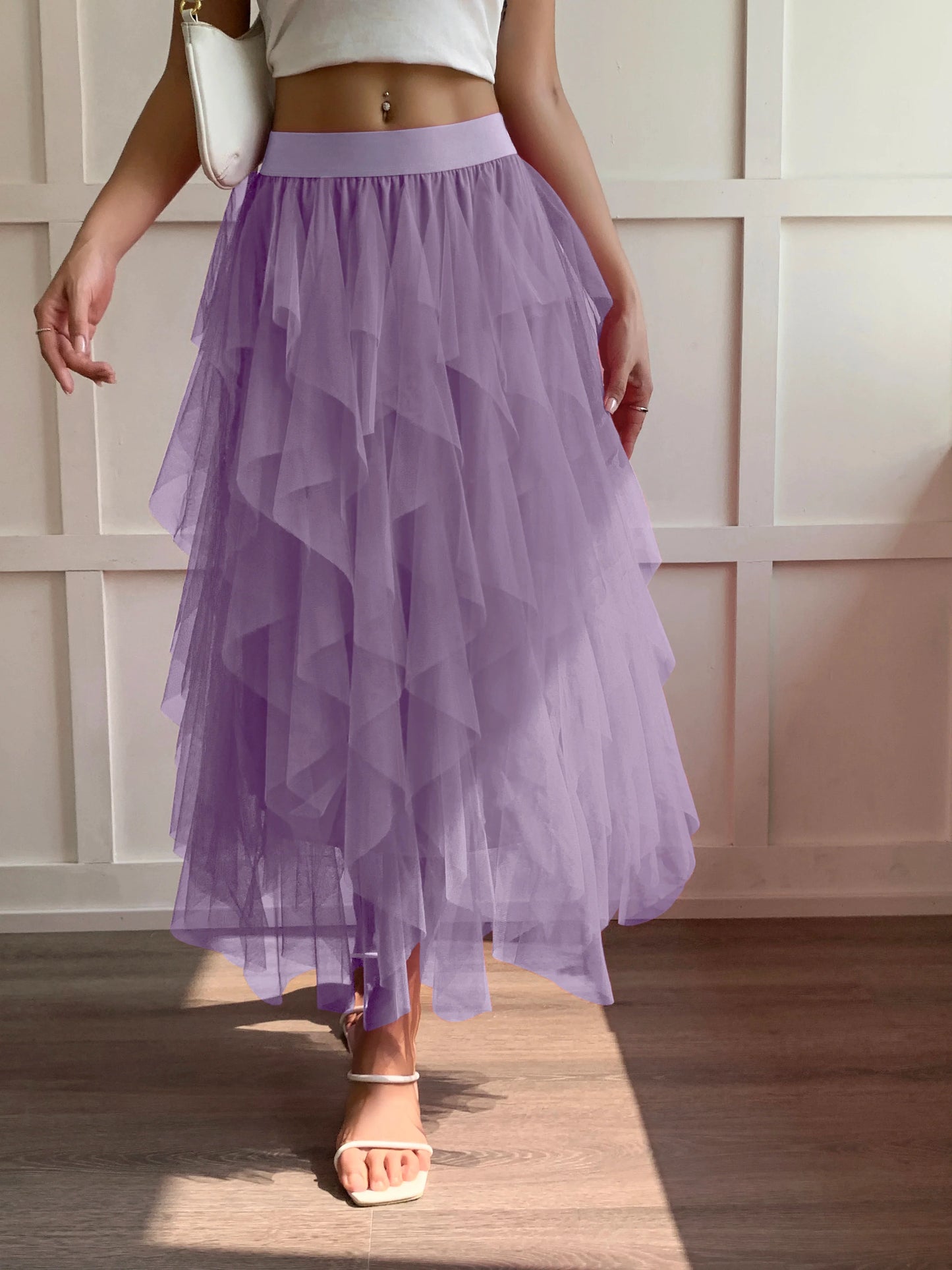 Medium waist chiffon long skirt for women, irregular layered pleated edge layered cake skirt, elegant fairy A-line skirt