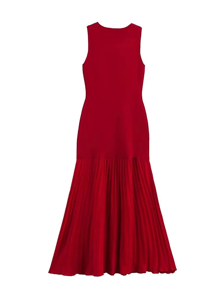 Spring Summer New Women's Dress Pleated Patchwork Simple Temperament Knitted Sleeveless Long Dresses for Women 2025