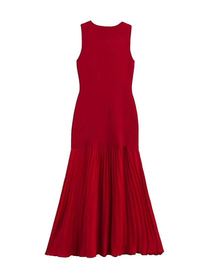 Spring Summer New Women's Dress Pleated Patchwork Simple Temperament Knitted Sleeveless Long Dresses for Women 2025