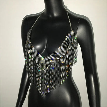 Bling Rhinestones Tassel Party Crop Top Woman Fashion Halter Neck Backless Design Full Diamond Sequins Nightclub Clubwear