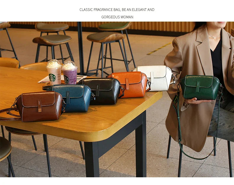 Oil Wax Cowhide Genuine Leather Crossbody Small Bag for Women Fashionable Versatile Shoulder Shell Handbag Lady Casual Phone Bag