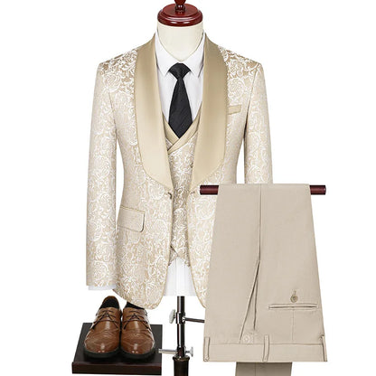 2025 New Large-Sized Jacquard Men's Suit for Wedding Dress, Groom's Suit Set, Host's Performance Costume