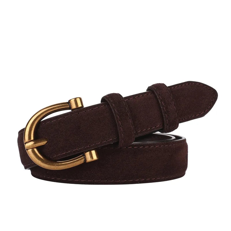Genuine Leather Suede Women Belt Fashion Skinny Waistband Retro Gold Buckle Brown Belts for Jeans Pants