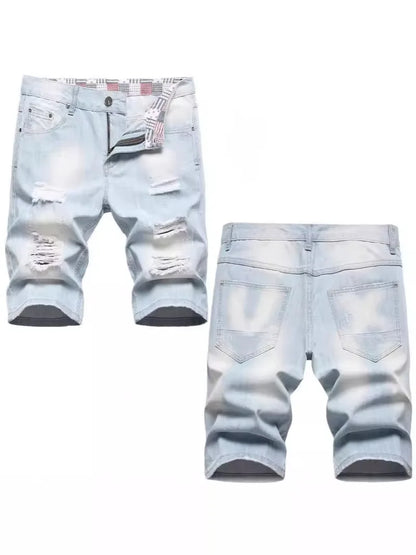 New Summer Men Blue Denim Shorts Italian Style Male Shorts Jeans High Quality Male Stretch Fit Ripped Denim Jeans Shorts Size 38