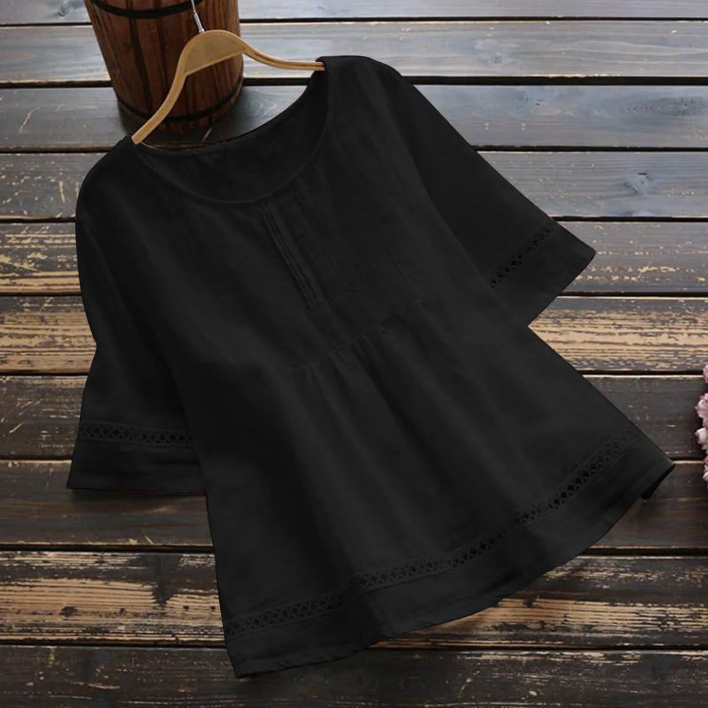 New Women's Elegant Cotton and Hemp Shirt Solid Color Casual Round Neck Hollow Half Sleeve Splicing Fashion Women's Top