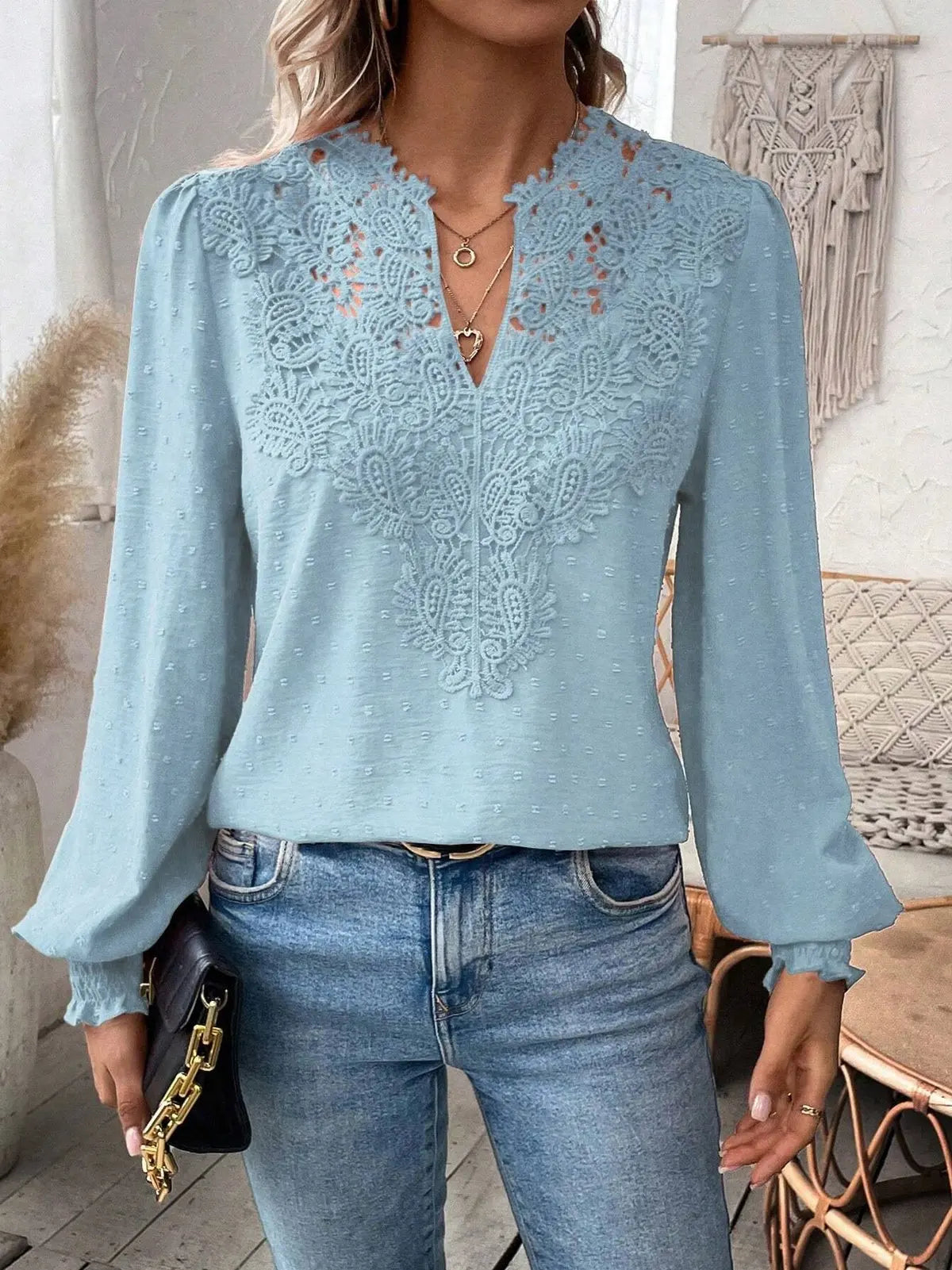 Womens Long Sleeve Sweaters Fall 2024 Trendy Sexy Lace V Neck Puff Sleeve Pullover Sweater Cute Tops