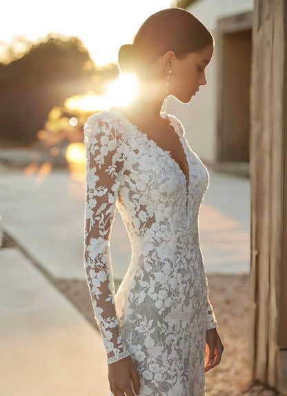 Customzie Sexy wedding dress Lace Semi-transparent long-sleeved Mermaid Wedding dress vestidos de novia