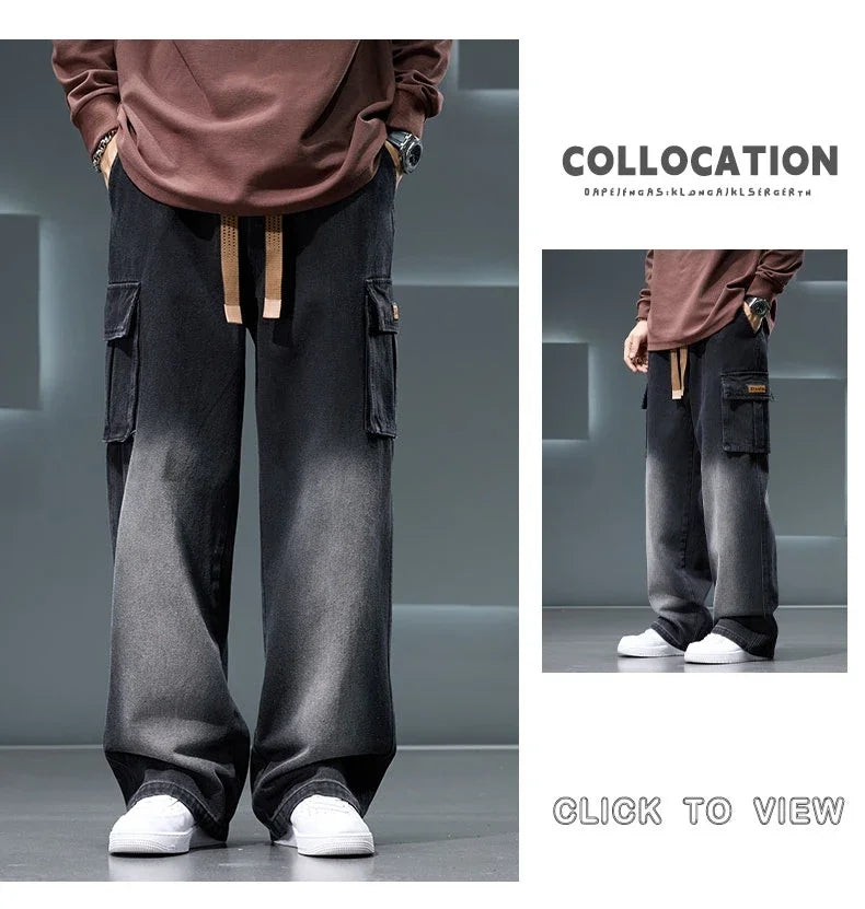 Autumn New Wide Leg Washing Jean Pants Men Trousers Neutral Solid Color Loose Casual Fashion Pocket Cargo Pants Big Size 8xl