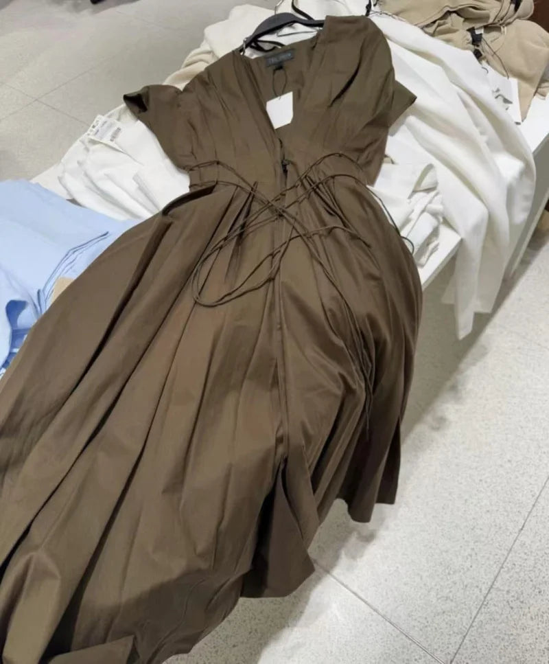 women's elegant party dress Vintage V-neck fashion pleated lace-up MIDI poplin dress