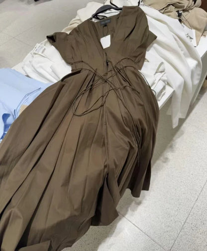 women's elegant party dress Vintage V-neck fashion pleated lace-up MIDI poplin dress