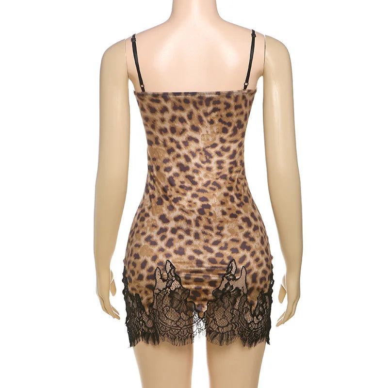 Patchwork Printed Leopard Lace Women Mini Dress Spaghetti Strap High Waist Dress Summer Slim Elegant Party Club Dress