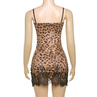 Patchwork Printed Leopard Lace Women Mini Dress Spaghetti Strap High Waist Dress Summer Slim Elegant Party Club Dress