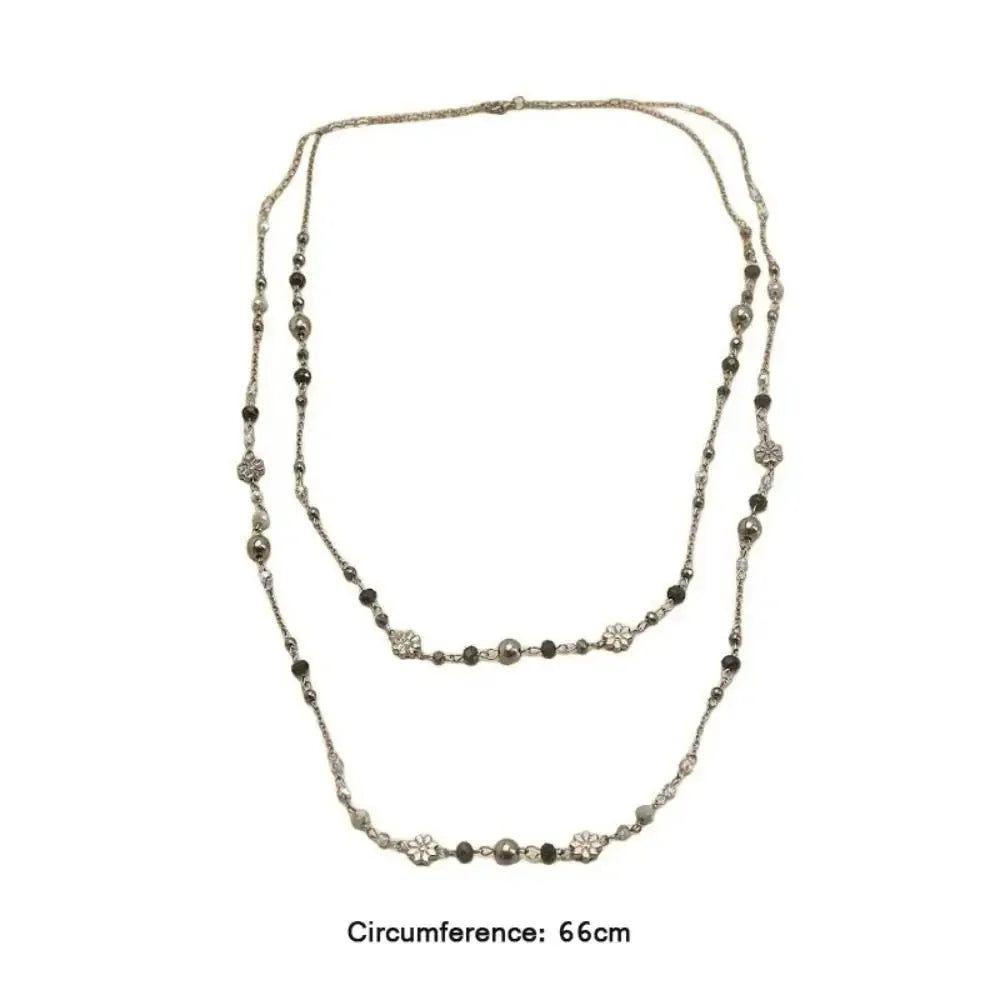Bohemian Double-layer Flower Necklace Long Beaded Sweater Chain Y2K Style Stackable Geometric Necklace