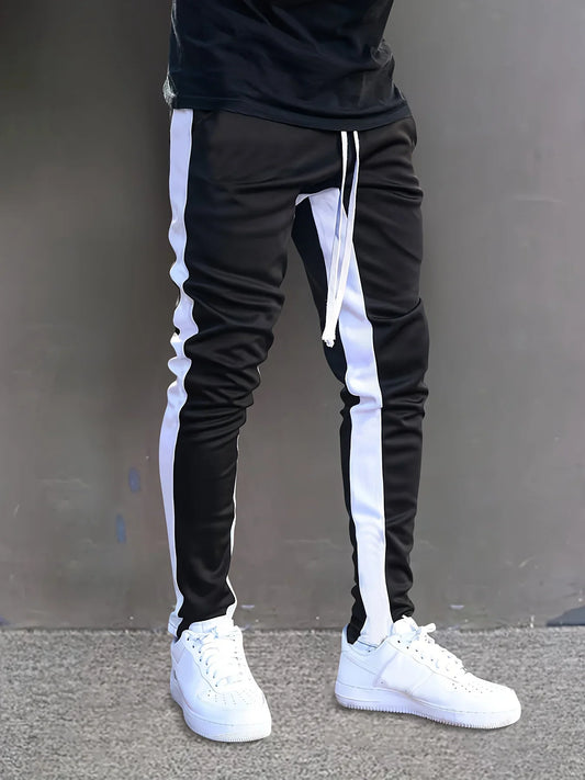 Men's color-block design jogging bottoms, men's casual stretch waist drawstring sweatpants spring and autumn sweatpants