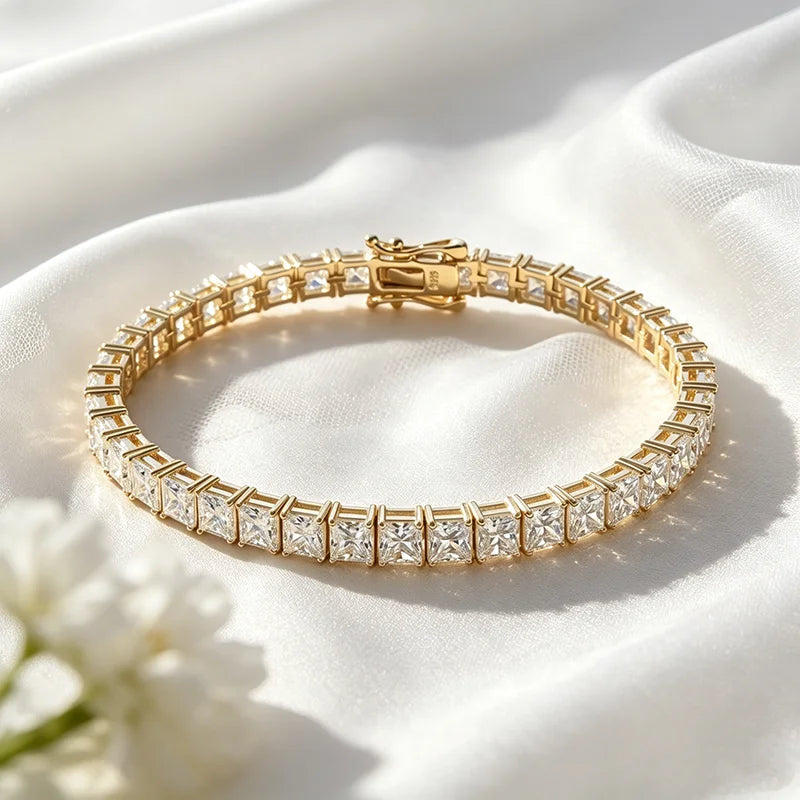 4*4mm D Color Princess Cut Moissanite Tennis Bracelet Hip-hop Men's Jewelry Square Chain for Women Real Pure 925 Silver
