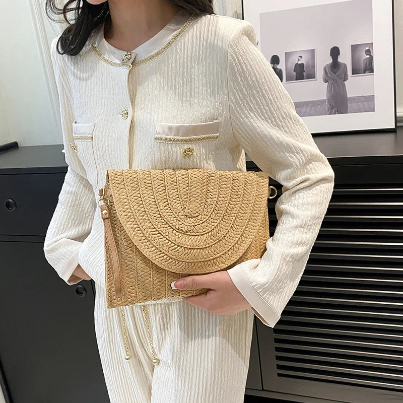 Straw Woven Shoulder Crossbody Bag Beach Clutch Handbag Casual Summer Handmade Envelope Bags for Women Totes Purse