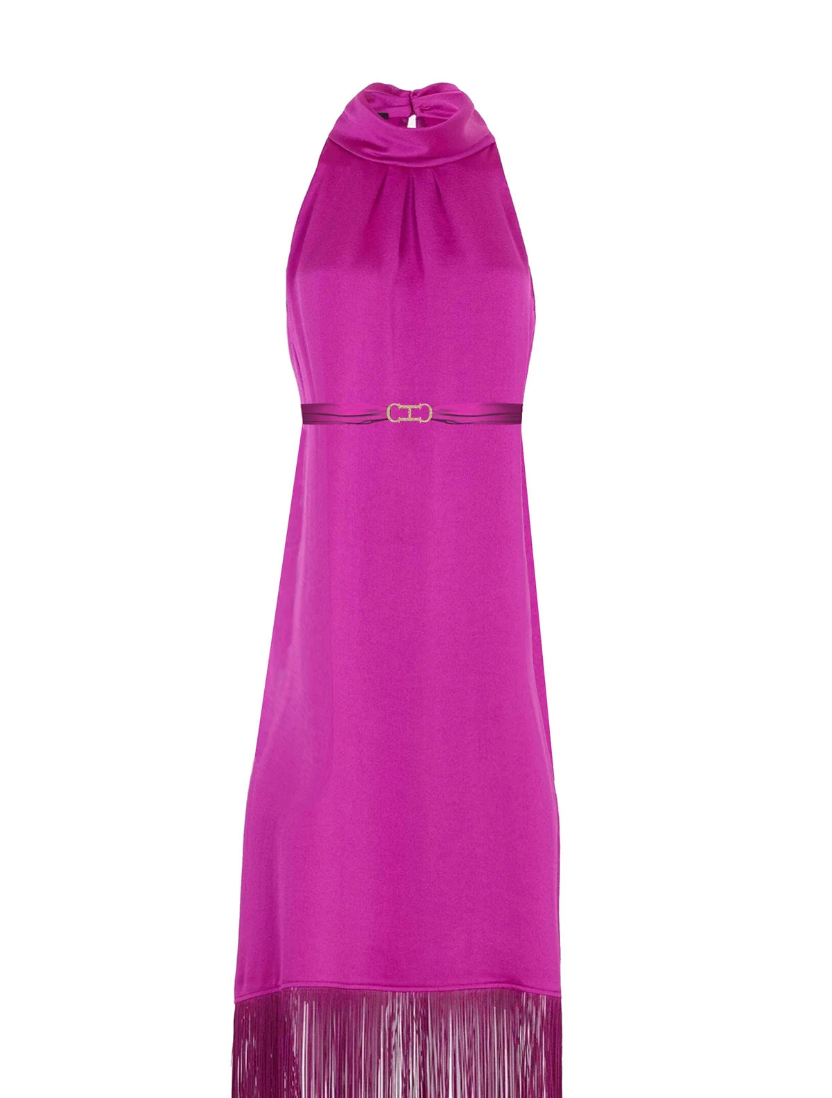 New Women Party Dress Hanging Neck Style Dress High Collar Sleeveless Fringe Skirt Hem Belt Evening Dresse