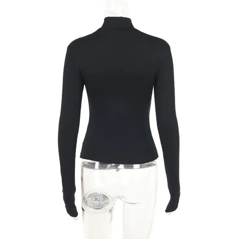 Blusa Gola Alta Y2k Roupa Gótica Preta Cruz Vazada Blusa Fina Camisa Base Feminina Manga Comprida Camiseta Sexy Blusas para Meninas