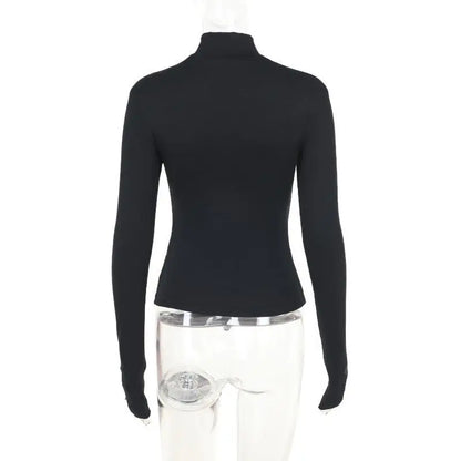Blusa Gola Alta Y2k Roupa Gótica Preta Cruz Vazada Blusa Fina Camisa Base Feminina Manga Comprida Camiseta Sexy Blusas para Meninas