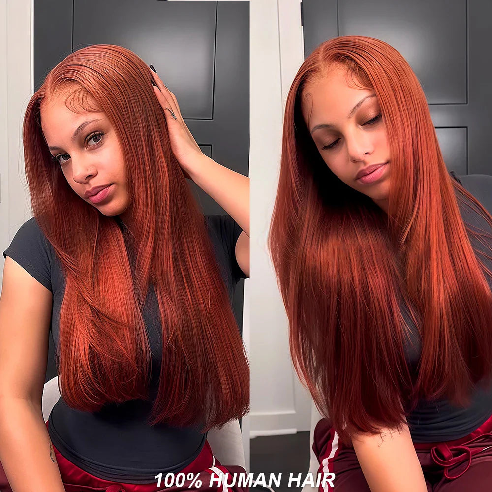 Reddish Brown Straight 13x4 HD Lace Front Human Hair Wigs Brazilian Remy Pre Plucked 30 inch Colored Lace Frontal Wig for Women