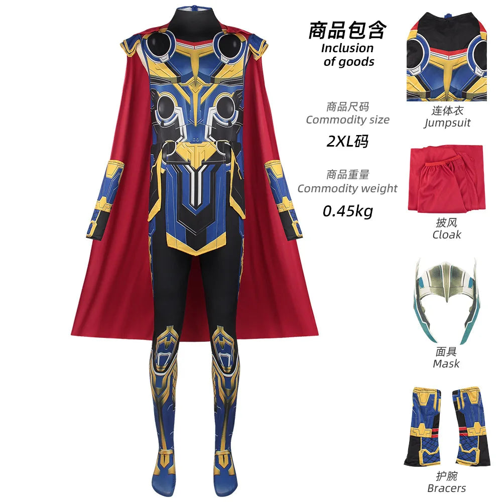 Thor Jane Cosplay Costume Adult Boys Girl Jumpsuit Halloween COS Bodysuit Carnival Party Outfits Cape for Men Women Boy Girl
