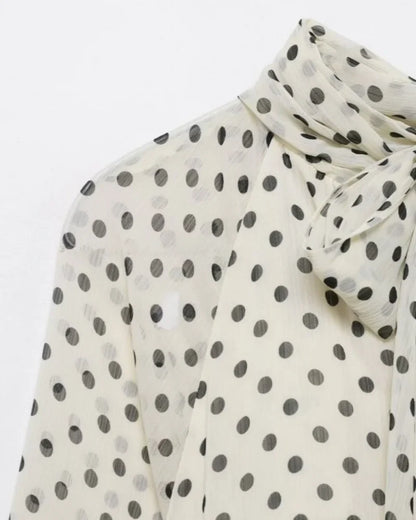 Elegant Women Polka Dot Blouse, Spring Bow Tie Lantern Sleeve Layered Neck Chiffon Shirt, Casual Daily Office Top