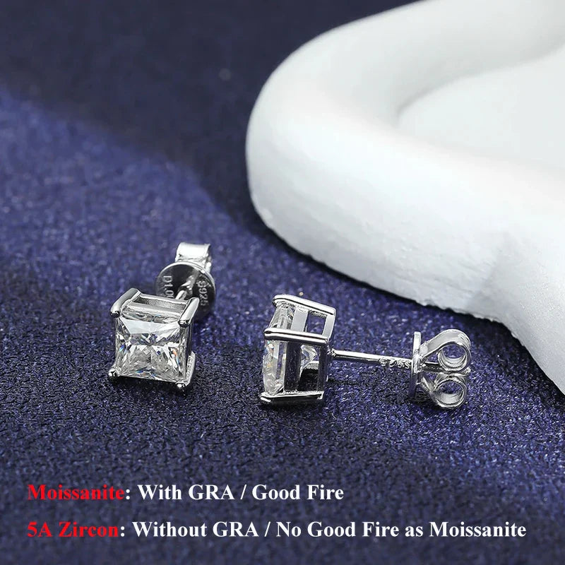 Real 1 Carat Princess Cut Moissanite Diamond Stud Earrings for Women Party Fine Jewelry 100% S925 Sterling Silver Earring