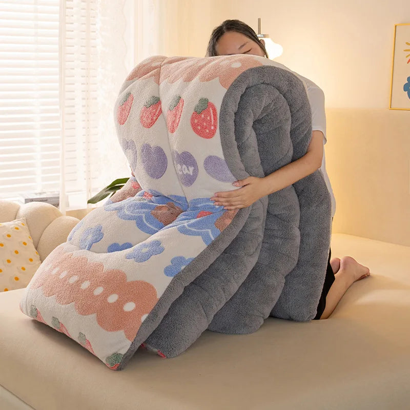 Winter Thick Coral Fleece Quilt Blanket Weighted Milk Velvet Snowflake Flannel Duvet Keep Warm Comforter for Student Dorm