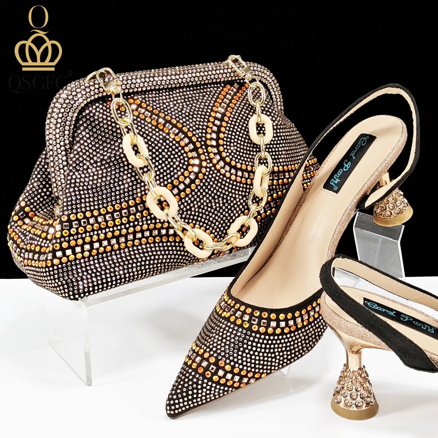 Italian Pumps and Bag To Party 2024 INS Style Pointed-Toe Rhinestone Elegant High Heels Champagne Wedge for Women