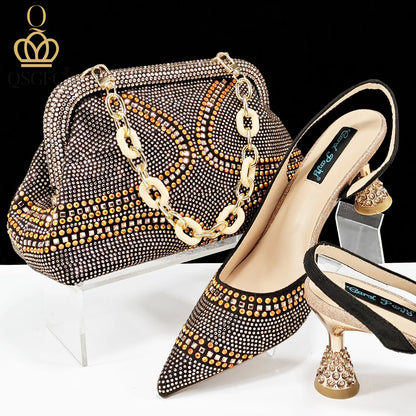 Italian Pumps and Bag To Party 2024 INS Style Pointed-Toe Rhinestone Elegant High Heels Champagne Wedge for Women