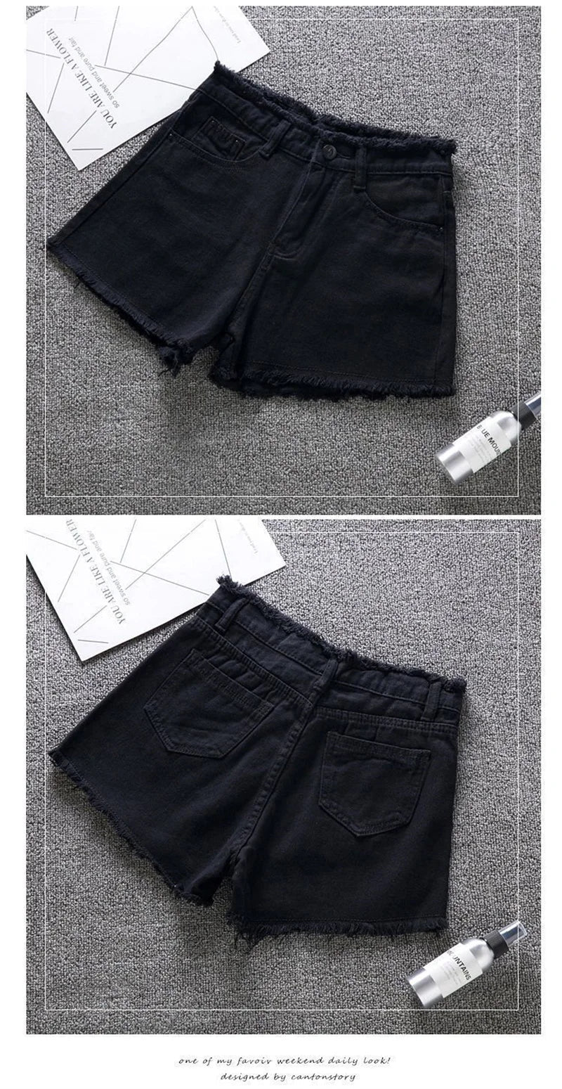 2025 Summer Woman High Haist Jeans Shorts Fashion Rough-edges Denim Short Pants Schoolgirl Casual Pants Blue Black White Jeans