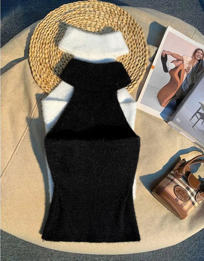 Spice Girl Hair Halter Neck Camisole Female Imitation Mink Inside Tank Top  Autumn and Winter Design Sense Knitted Bandeau Top