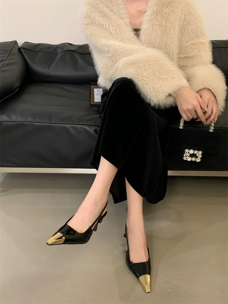 Street Style Sexy Pointed Toe Slingbacks Pumps Women Stripper Sandals High Heels Female Banquet Shoes Brown Kitten Heels