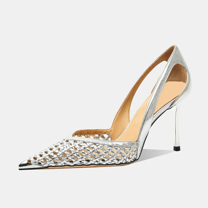 Women Hollow Sandals Elegant Pointed Toe Metal Straps High Heels Shoes Women Elegant Fashion Concise Sandals  Zapatos De Mujer