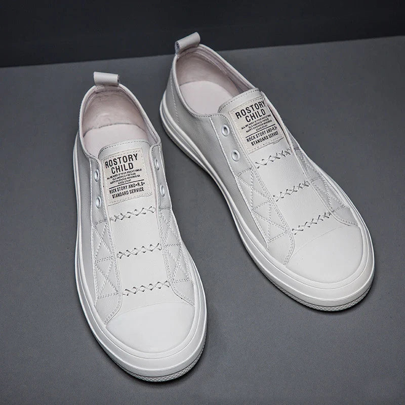 Genuine Leather Black White Shoes Men Casual Shoes Soft Flat Brand Cow Leather Cool Street Young Male Footwear D237