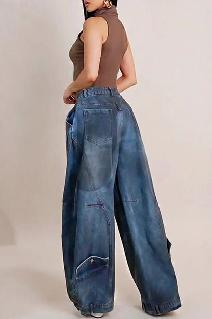 Y2K Women Loose Denim Jeans Asymmetric Button Pocket Washed Jean Casual Harajuku High Street Grunge Denim Trouders Pants