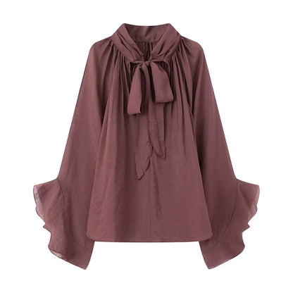 Bow DecorationLoose Long Sleeved Blouses For Women New Fashion Ruffle Edge Shirts and Blouses Woman Top